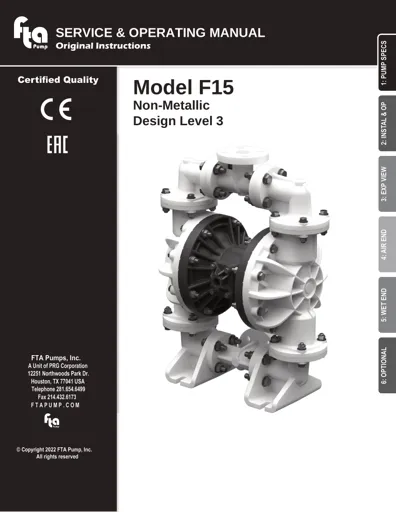 Bombas de diafragma FTA Pump modelo F15 No Metálica Manual de Servicio