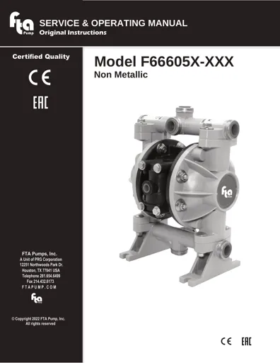 Bombas de diafragma FTA Pump modelo 66605J estilo ARO Manual de Servicio